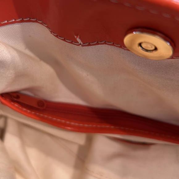 Francesco Biasia Cream & Tan Striped Canvas Bag with Orange Leather Trim - Picture 10 of 15